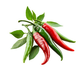 Fresh red chili and green chili with stem and leaves, spicy ingredients isolated on transparent background