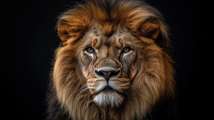 Fototapeta premium Majestic lion portrait against black background