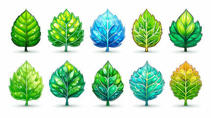 Twelve vibrant, stylized leaves in various greens, blues, and yellows, isolated on white
