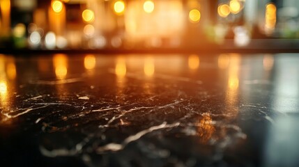 Fototapeta premium Rich textured dark marble kitchen top, blurred background with vibrant kitchen decor, soft warm lighting, smooth focus shift