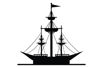 Silhouette of a tall sailing ship on the ocean at sunset with a nautical and pirate-style design