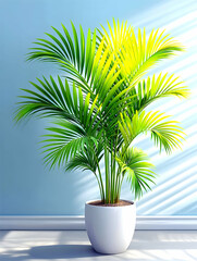 Obraz premium Lush green potted palm plant in sunlight against a light blue wall
