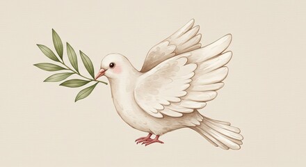 Obraz premium Dove Flying Olive Branch Peace Symbol Beige Watercolor Illustration