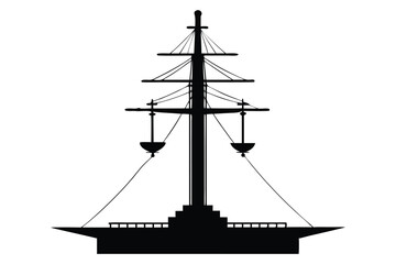Silhouette of a tall sailing ship on the ocean at sunset with a nautical and pirate-style design