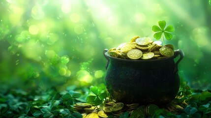 Pot of gold brimming with luminous coins, scattered shamrock leaves around, ethereal green misty background, perfect for St. Patricks Day banners