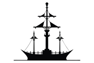 Silhouette of a tall sailing ship on the ocean at sunset with a nautical and pirate-style design