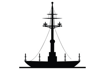 Silhouette of a tall sailing ship on the ocean at sunset with a nautical and pirate-style design