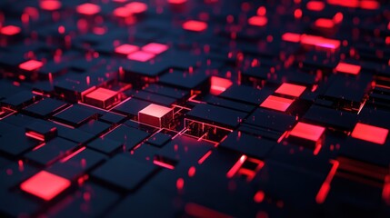 Obraz premium Abstract glowing red cubes network. Possible stock photo use futuristic tech concept