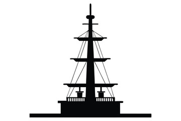 Silhouette of a tall sailing ship on the ocean at sunset with a nautical and pirate-style design