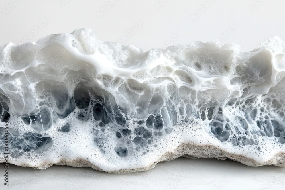 Poster wave crashing on the shore creates a display of frothy water droplets and bubbles in bright daylight