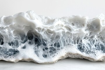 Wave crashing on the shore creates a display of frothy water droplets and bubbles in bright daylight near the coastline
