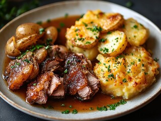 Hearty Roasted Chicken With Creamy Mashed Potatoes And Baby Potatoes Garnished With Fresh Herbs Served On A Stylish Plate For A Comforting Dinner Experience