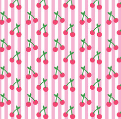 Seamless Cherry Pattern with Pink Vertical Stripes