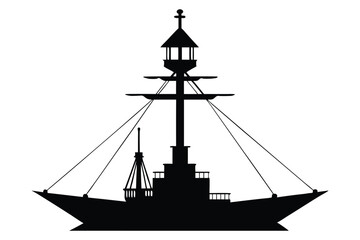 Silhouette of a tall sailing ship on the ocean at sunset with a nautical and pirate-style design