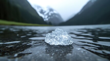 Ice floe on lake shore, misty mountains