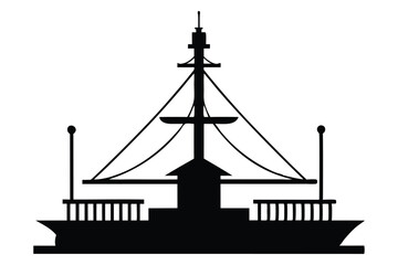 Silhouette of a tall sailing ship on the ocean at sunset with a nautical and pirate-style design