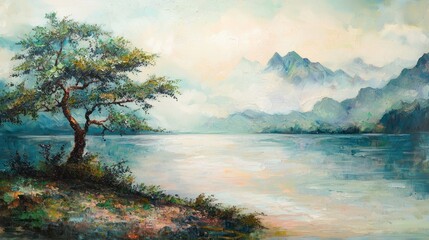Serene landscape painting of a lake, tree, and misty mountains.