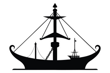 Silhouette of a tall sailing ship on the ocean at sunset with a nautical and pirate-style design