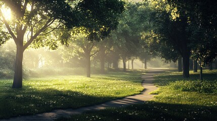 Obraz premium Sunlit path through misty morning forest.