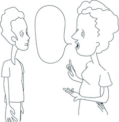 A woman says something to a young boy