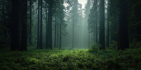 Fototapeta premium a dark forest with green trees and light in the fog 