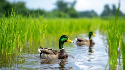 Fototapeta premium Ducks Swimming in Green Rice Field