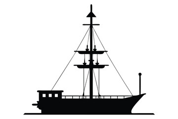 Silhouette of a tall sailing ship on the ocean at sunset with a nautical and pirate-style design