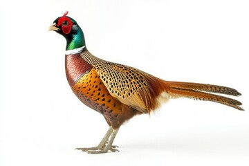 Standing Ring Necked Pheasant Isolated on White Background Portrait