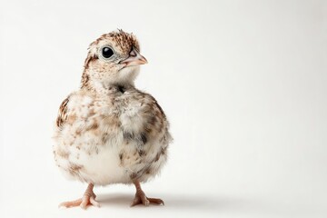 Standing Fledgling Bird with Mottled Feathers Isolated on Plain Background