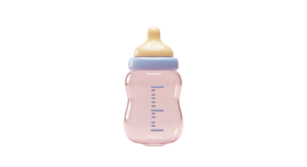 A baby bottle with a light pink tint and a blue cap and a yellow nipple on a black background