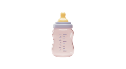 Isolated close up of a baby bottle with a yellow nipple and pink tinted liquid on a black background
