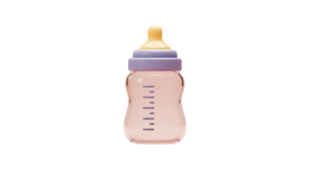Isolated baby bottle with purple lid and yellow nipple for feeding on a black background studio shot