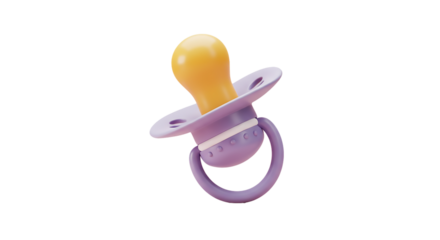 A close up shot of a purple and yellow baby pacifier isolated on a black colored background space