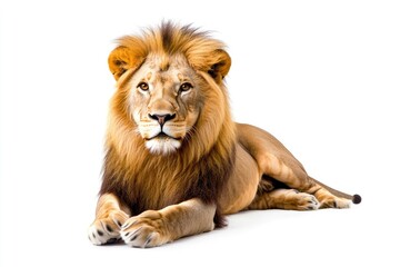 Obraz premium Majestic Lion Lying Down Isolated on White Background Portrait