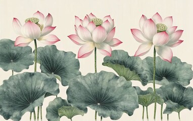 Delicate Lotus Blooms  Leaves in Soft Pastel Tones