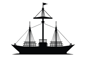 Silhouette of a tall sailing ship on the ocean at sunset with a nautical and pirate-style design