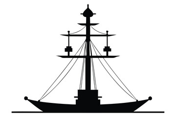 Silhouette of a tall sailing ship on the ocean at sunset with a nautical and pirate-style design
