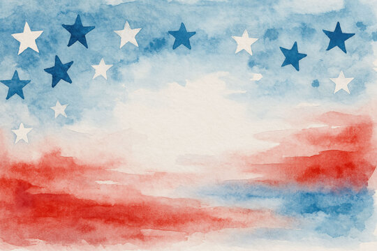 Patriotic watercolor background with stars and stripes theme for american celebrations - concept of event decor, graphic design, marketing