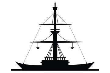 Silhouette of a tall sailing ship on the ocean at sunset with a nautical and pirate-style design