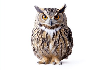 Standing Owl with Yellow Eyes on White Background a Captivating Wildlife Image