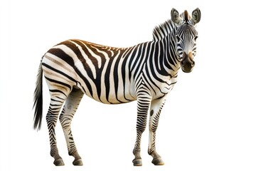 Fototapeta premium Standing Zebra Isolated on White Background Showing Striped Pattern Clearly