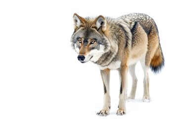 Gray Wolf Standing in Snow on Isolated Background Showing Animal