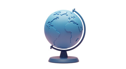 A simple blue globe on a stand with continents visible against a dark black background studio shot
