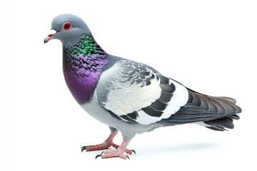 Standing Pigeon with Colorful Feathers Isolated on White Background Studio Shot
