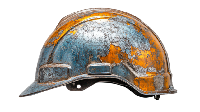 a helmet with a rusted paint on it