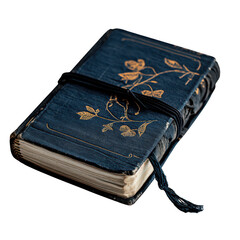 Obraz premium vintage blue journal with gold floral designs and black strap exudes antique charm. worn pages suggest history of stories and thoughts