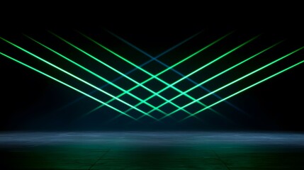 Bright green laser beams intersect to form a grid pattern over a dark, reflective floor.