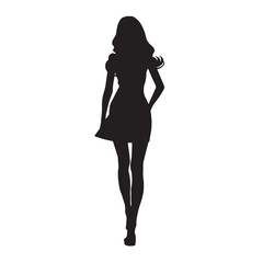 A black silhouette of a slim woman in a dress stands posing, a fashion figure with glamour