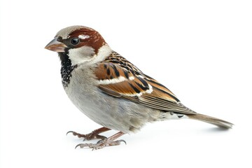 Sparrow Standing on White Background Showing Its Brown and Grey Feathers
