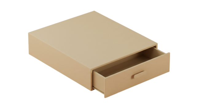 A slightly open beige drawer box sitting on a dark surface in a simple composition style
